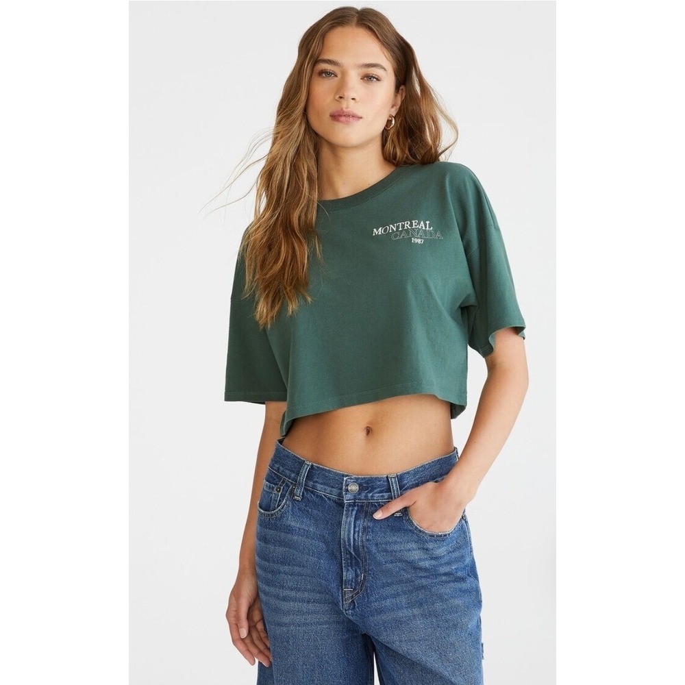 Aeropostale Montreal Cropped Tee Sz L Green White Boyfriend Style Streetwear - Picture 1 of 6